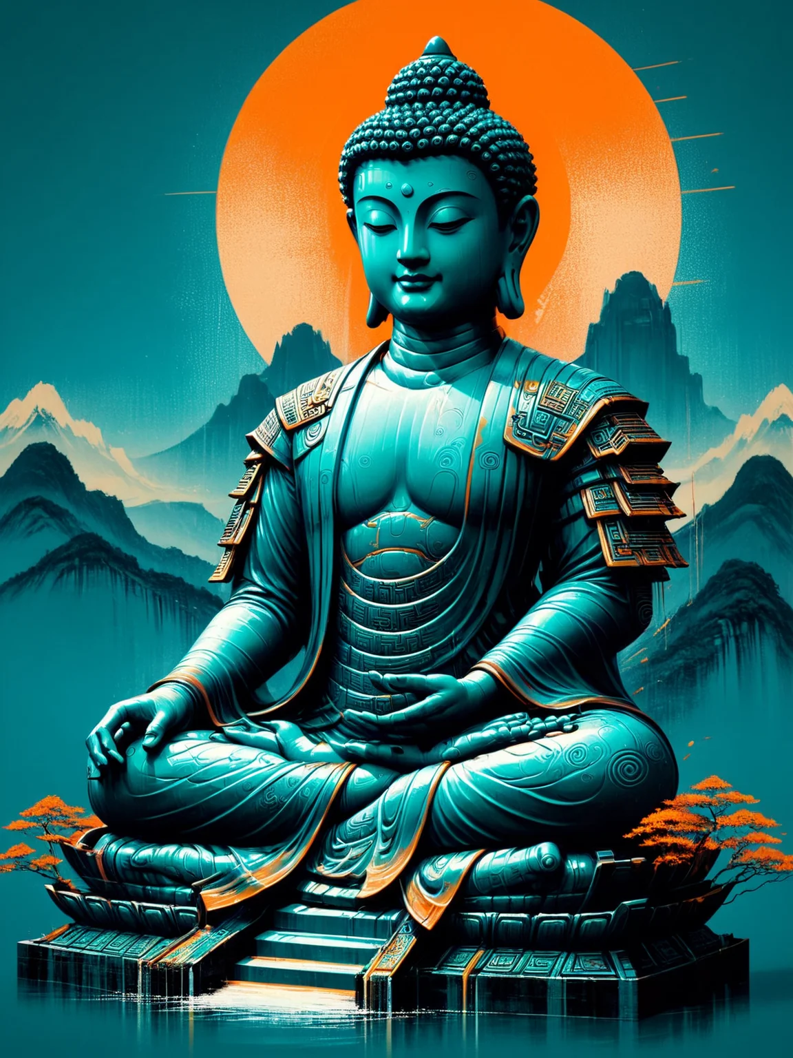 mountain range, temple, buddha statue, mad-cbrpnksplshrt,<lora:Splash_Art_SDXL:1.2> teal and orange, (masterpiece:1.2), best quality
