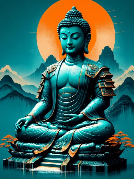 mountain range, temple, buddha statue, mad-cbrpnksplshrt,<lora:Splash_Art_SDXL:1.2> teal and orange, (masterpiece:1.2), best quality