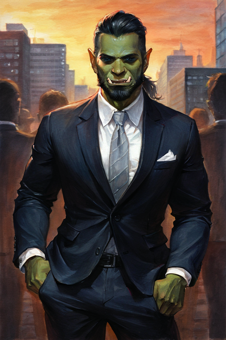 masterpiece, best quality, highres, newest, traditional media, realistic, watercolor \(medium\), orc, green skin, tusks, facial hair, beard, mustache, medium hair, black hair, hair slicked back, ponytail, blue eyes, formal, black suit, suit, white shirt, collared shirt, grey necktie, long sleeves, black pants, muscular, 1boy, solo, male focus, mature male, smile, looking at viewer, cowboy shot, standing, outdoors, city, building <lora:Ð¡osmic Void [LoRA] - NoobAI-XL EPS 1.0:0.8>
