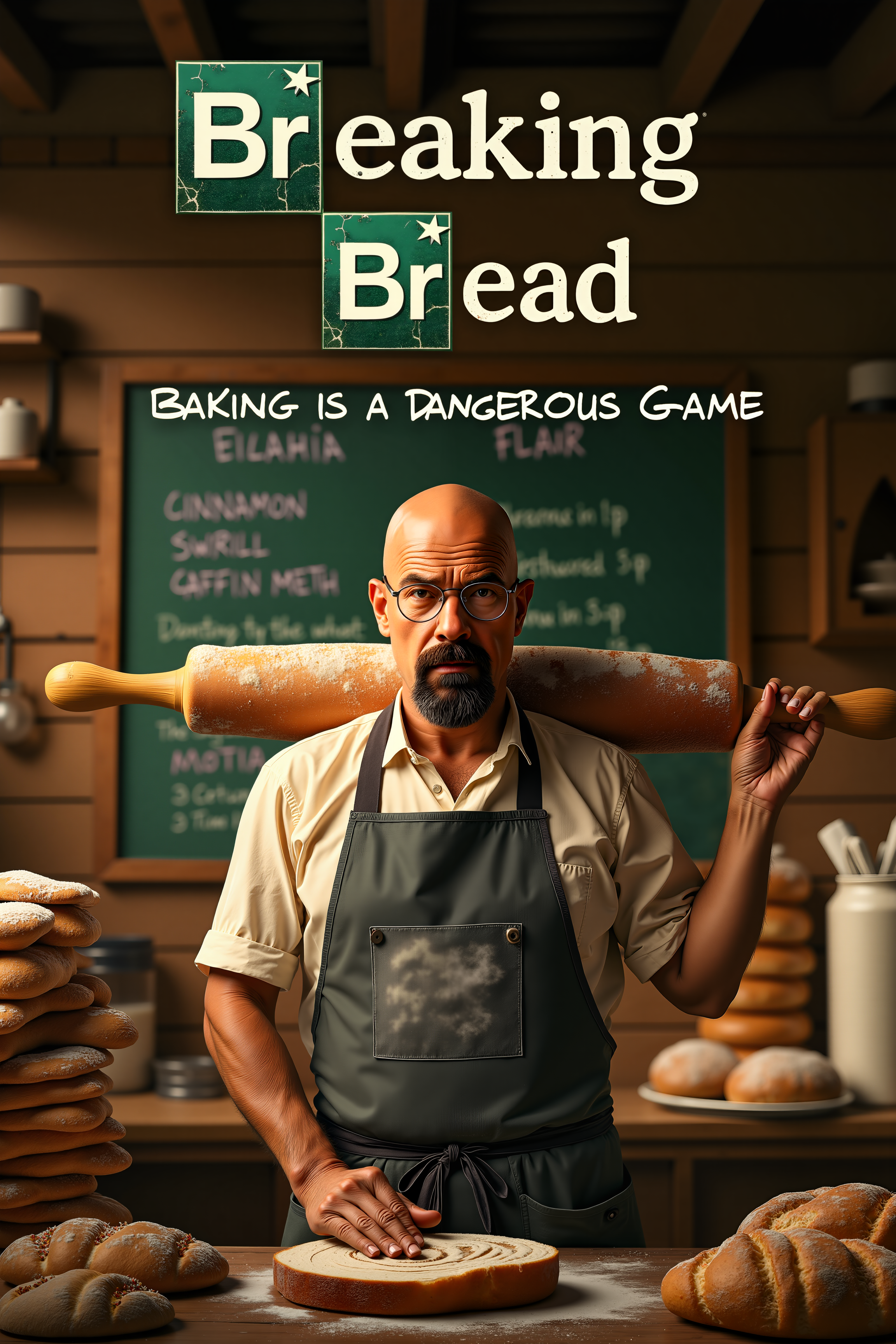 A TV show poster for a parody series titled "Breaking Bread," playing on the name of the famous show Breaking Bad. The poster features a stern-looking baker in a flour-dusted apron, with a rolling pin slung over his shoulder like a weapon. He stands in the middle of a rustic bakery, surrounded by stacks of bread loaves, pastries, and bags of flour, all arranged to mimic the iconic desert backdrop from the original show.

Behind him, the bakery's chalkboard menu lists items like "Cinnamon Swirl Cartel" and "Blueberry Muffin Meth," hinting at the culinary chaos that’s about to unfold. The baker’s expression is intense, yet comically serious, as if he's about to take on the world with nothing but his dough and determination.

The title "Breaking Bread" is displayed in bold, stylized text at the top, with the "Breaking" in a gritty, cracked font, while "Bread" is written in warm, golden letters resembling freshly baked loaves. The tagline beneath reads, "Baking is a Dangerous Game," adding to the pun-filled humor.

The overall color scheme of the poster is a mix of warm, bakery hues with the gritty, dark tones reminiscent of the original show, blending the intense drama of Breaking Bad with the lighthearted, culinary twist of "Breaking Bread."