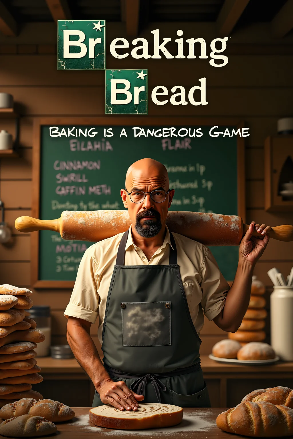 A TV show poster for a parody series titled "Breaking Bread," playing on the name of the famous show Breaking Bad. The poster features a stern-looking baker in a flour-dusted apron, with a rolling pin slung over his shoulder like a weapon. He stands in the middle of a rustic bakery, surrounded by stacks of bread loaves, pastries, and bags of flour, all arranged to mimic the iconic desert backdrop from the original show.

Behind him, the bakery's chalkboard menu lists items like "Cinnamon Swirl Cartel" and "Blueberry Muffin Meth," hinting at the culinary chaos that’s about to unfold. The baker’s expression is intense, yet comically serious, as if he's about to take on the world with nothing but his dough and determination.

The title "Breaking Bread" is displayed in bold, stylized text at the top, with the "Breaking" in a gritty, cracked font, while "Bread" is written in warm, golden letters resembling freshly baked loaves. The tagline beneath reads, "Baking is a Dangerous Game," adding to the pun-filled humor.

The overall color scheme of the poster is a mix of warm, bakery hues with the gritty, dark tones reminiscent of the original show, blending the intense drama of Breaking Bad with the lighthearted, culinary twist of "Breaking Bread."