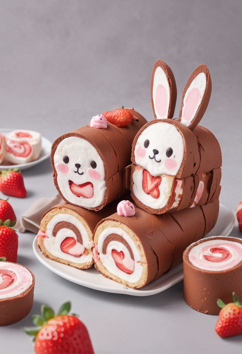product photography, mockup design, 3d render, japanese packaging design, chocolate and strawberry cream filled swiss roll cakes, kawaii packaging, bunny mascot