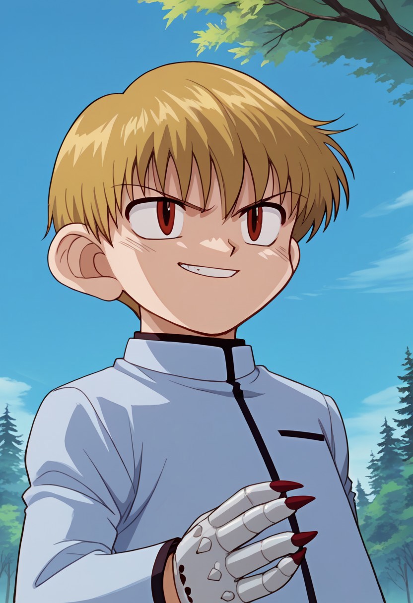 score_9, score_7_up, source_anime 
okita, 1boy, male focus, solo, red eyes, blonde hair, short hair, school uniform, jacket, grey jacket, long sleeves, upper body, single glove, claws, grin
outdoor, sky, tree