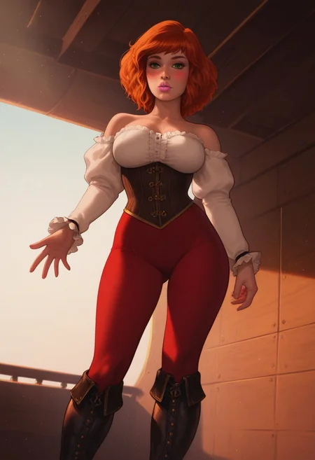 masterpiece,best quality, highly detailed, score_9, score_8_up, score_7_up, score_6_up, source_cartoon, BREAK, apriloneil, orange hair, green eyes, large breasts, pink lips, big ass, wide hips,
Detailed face,
Detailed hands,
hero shot, low angle, sharp focus, dynamic lighting. daytime on a pirate ship, sexy, a candid moment. Woman, solo, standing, posing, looking toward horizon, a sexy pirate, tight fitted corset, ruffle sleeve jerkin, leggings, high leather boots, medieval clothing, detailed skin, detailed face, radiant, jewelry, blushing, alluring expression, sun rays. Conveys emotion, artistic, cinematic outdoor lighting, bokeh.