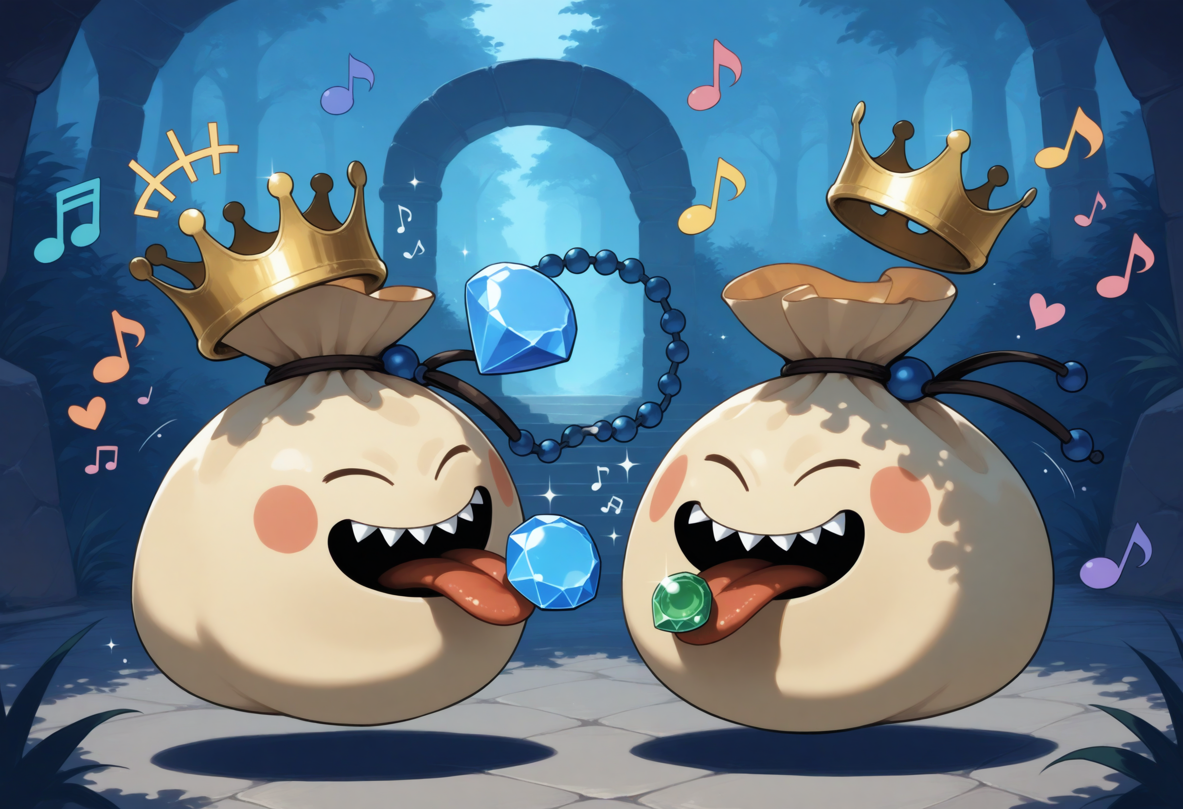 masterpiece,extreme detailed,outdoors,dungeon BREAK 2others,no humans,no_legs,goodybag_(dq),crown,no humans,gem,necklace,sharp teeth,tongue,<lora:goodybag_(dq)-NAI:1>,dancing,singing,musical note,happy,+++,closed eyes,