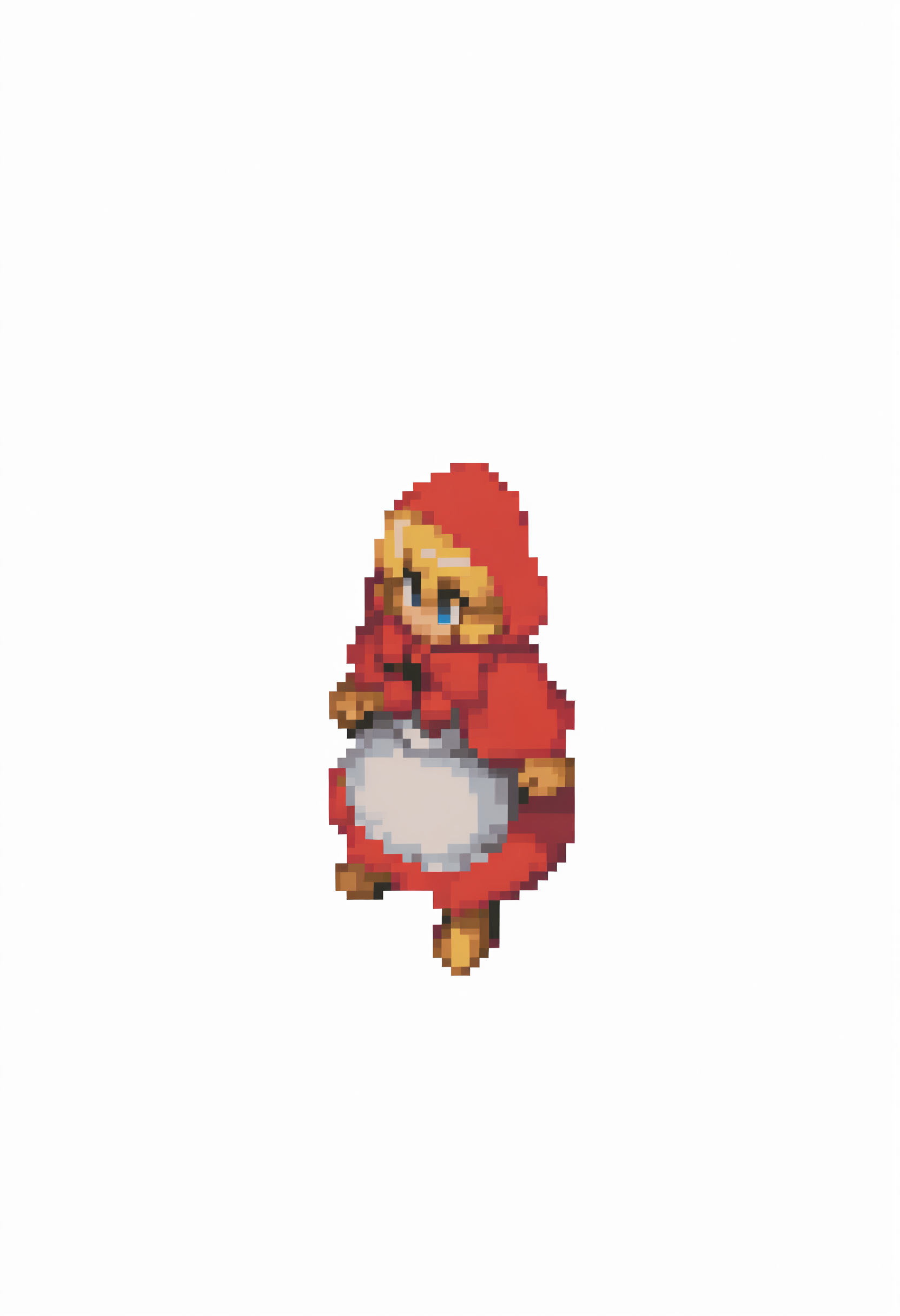 masterpiece, best quality, solo, 1girl, <lora:FFT-Sprites-illus_Fp:1>, looking at viewer, from side, full body, standing, solid oval eyes, no mouth, no nose, pixel art, simple background, white background, <lora:Bbhood-illus_Fp:1>, bbhood, short hair, blonde hair, blue eyes, red hood, capelet, red dress, bow, white apron, pom pom \(clothes\), hood up,