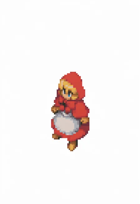 masterpiece, best quality, solo, 1girl, <lora:FFT-Sprites-illus_Fp:1>, looking at viewer, from side, full body, standing, solid oval eyes, no mouth, no nose, pixel art, simple background, white background, <lora:Bbhood-illus_Fp:1>, bbhood, short hair, blonde hair, blue eyes, red hood, capelet, red dress, bow, white apron, pom pom \(clothes\), hood up,