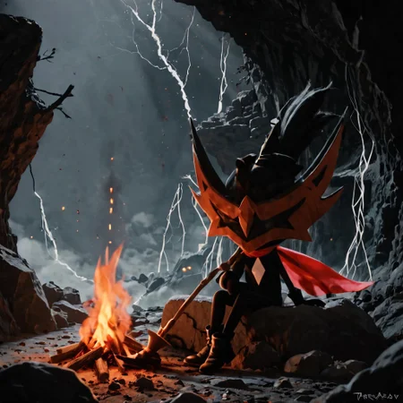 score_9,score_8,score_7, taterazay, mask, red cape, arms, high quality, hands, legs, boots, full body, background, highres, high resolution, dark lighting, sitting, fire, lonely, rock cave background, bonfire