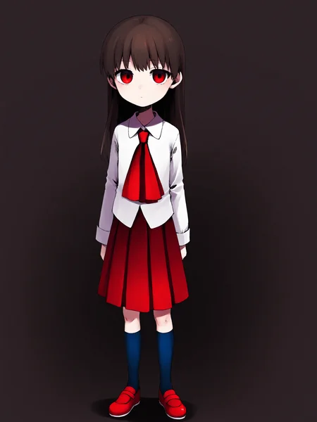 ((Ib)), 1girl, ib (ib), (((child, aged_down))), solo, flat_chest, expressionless, bangs, long hair, brown hair, red eyes, shirt, skirt, long sleeves, white shirt, pleated skirt, shoes, collared shirt, socks, ascot, kneehighs, red skirt, black socks, red footwear, red ascot, blue socks, looking at viewer,
(masterpiece, best quality, absurdres, highres, newest:1.2), very awa,
