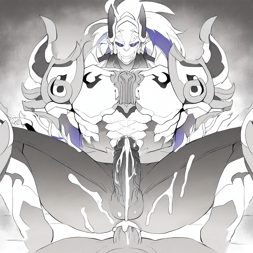 m1namoto_n0_tametom0, bara, white hair, spread legs, teeth, horned helmet, colored sclera, cum, monochrome, black pants, looking at viewer, penis