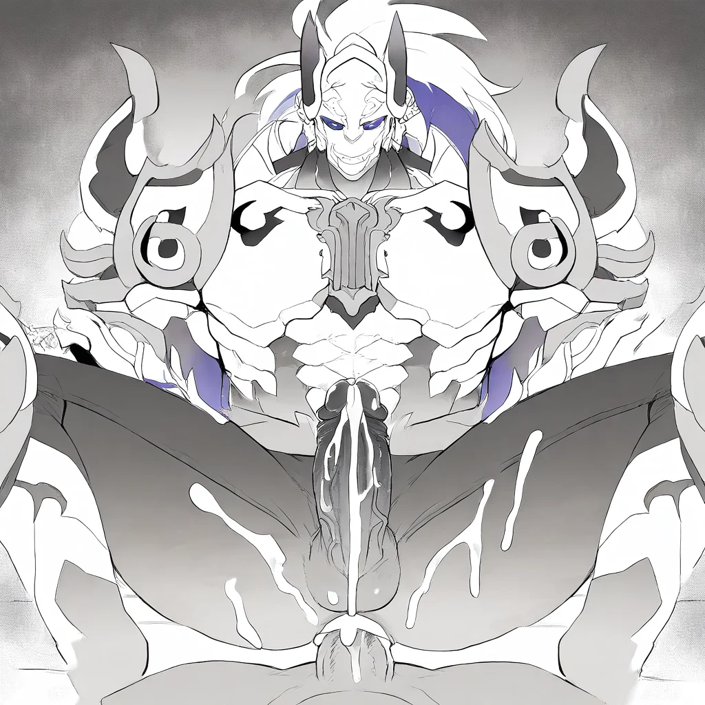 m1namoto_n0_tametom0, bara, white hair, spread legs, teeth, horned helmet, colored sclera, cum, monochrome, black pants, looking at viewer, penis