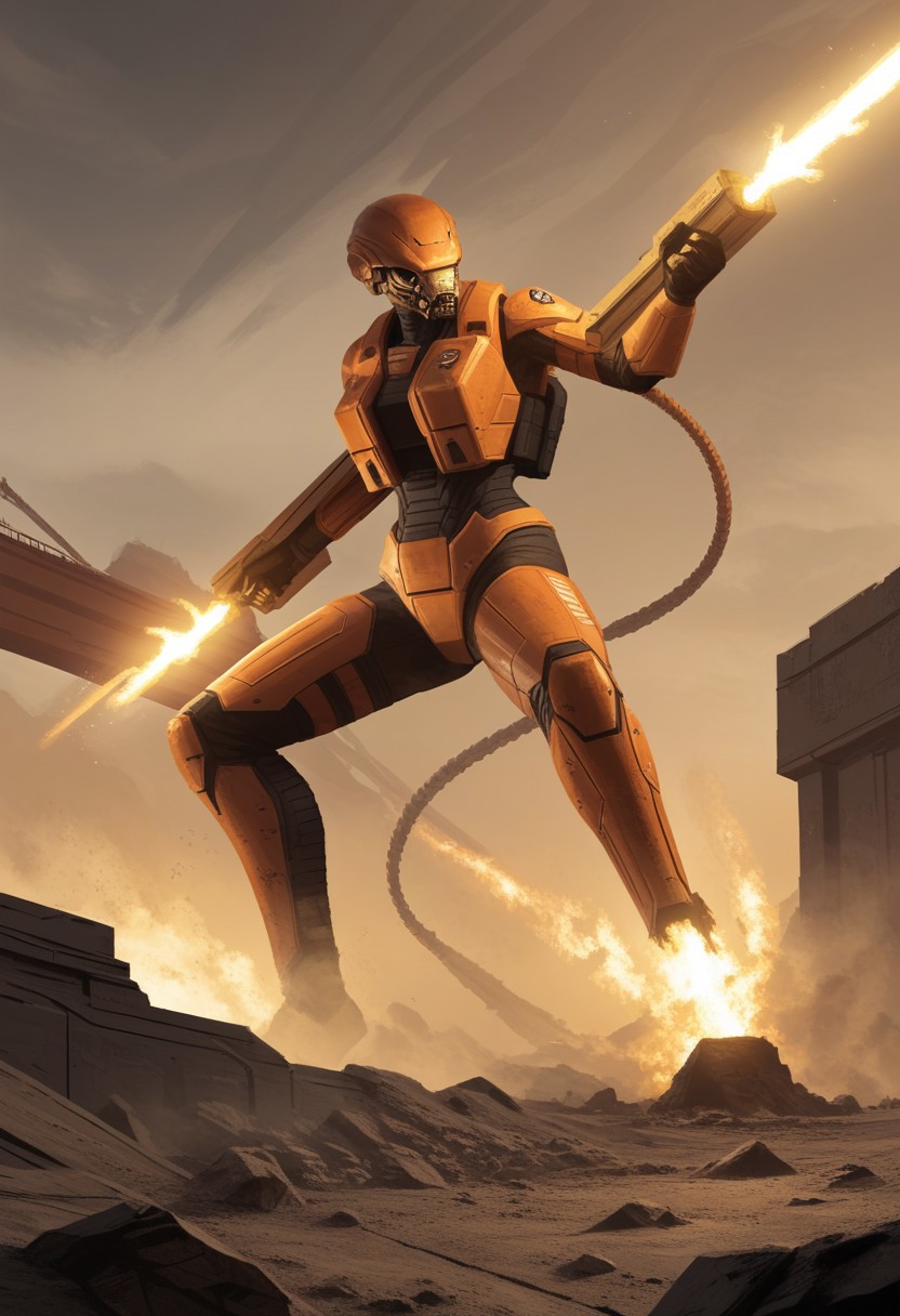 A fierce battle unfolds above a ruined torii gate, where colossal spacecraft exchange devastating energy blasts. A battle-hardened female warrior, clad in a sleek, arcane-etched bodysuit, stands ready, her figure highlighted by searing lens flares. Her piercing gaze locks onto a monstrous kaijuu emerging from the smoldering rock, its obsidian scales shimmering under the battlefield’s neon glow. She grips a crackling gtil energy blade, arcane energy pulsing through her hands. In the distance, a bearded military commander surveys the destruction from atop a battered war machine, his silhouette framed by fiery contrails streaking across the sky. The fusion of futuristic warfare and ancient mysticism unfolds in a bold, cinematic scene inspired by the art style of Geoffroy Thoorens.