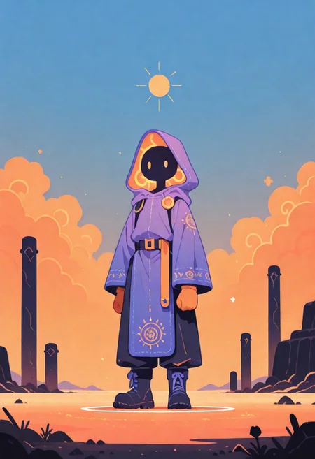 highly detailed, stylized, dramatic, digital illustration, male figure, desert warrior outfit, face concealed, curved porcelain plate, intricate embroidery designs, hooded cloak, flowing robe, oversized trousers, full-sleeve tunic, rugged leather armor, leather gloves, sturdy boots, vibrant orange sand, shifting terrain, colossal tortoise, weathered textured shell, siege beast size, intense sun glare, vivid blue sky, drifting wispy clouds, resilient desert tents, extreme climate design, muted tones, arid landscape, imposing presence, mysterious, concealed gaze, horizon, untamed resilience, vast unforgiving sands, by theaicolab, by Taiyo Matsumoto, haiz_ai, no lineart,no outline, , Flatline, Flat vector illustration