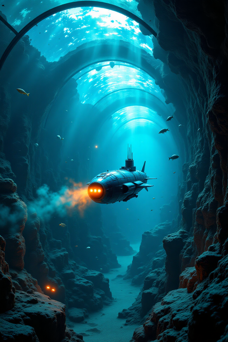 "Produce a photorealistic image of a fictional submarine vehicle navigating through a real underwater tunnel in a massive aquarium. The underwater tunnel should be meticulously detailed, featuring thick glass walls, realistic underwater lighting, and diverse marine life. The submarine vehicle must boast a unique and plausible design, as if constructed from high-pressure water-resistant materials. The orange light should filter through the water from the tunnel's lighting and the submarine's searchlights, creating a warm, ethereal glow. A subtle fog should diffuse through the water, adding a layer of depth and mystery to the underwater scene."