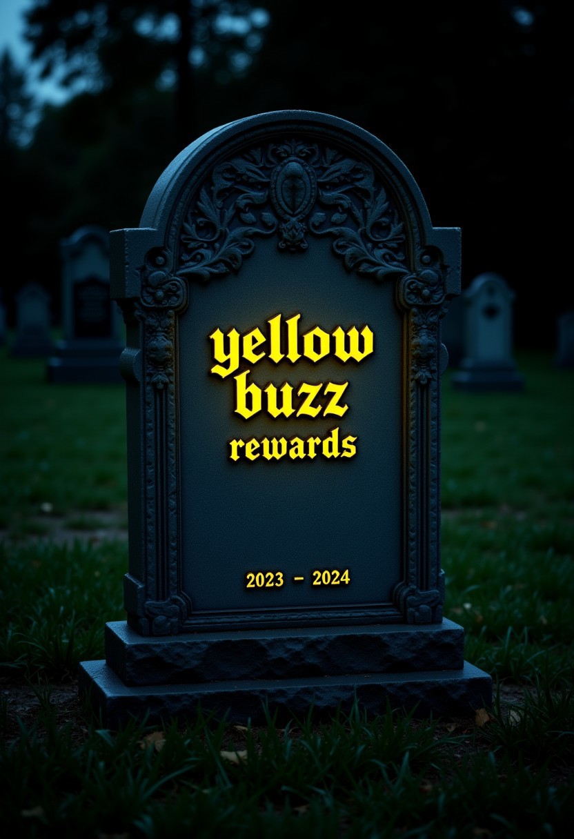 This is a photograph taken at night of a gravestone dedicated to "Yellow Buzz Rewards" in a cemetery setting, taken in a grassy environment. The gravestone is intricately carved in the appearance and features a modern design. The name "Yellow Buzz" is engraved in a bold, yellow color, Gothic-style font on the front of the stone, the word "Buzz" emits a subtle glow, and the text "2023 - 2024" is inscribed beneath it.