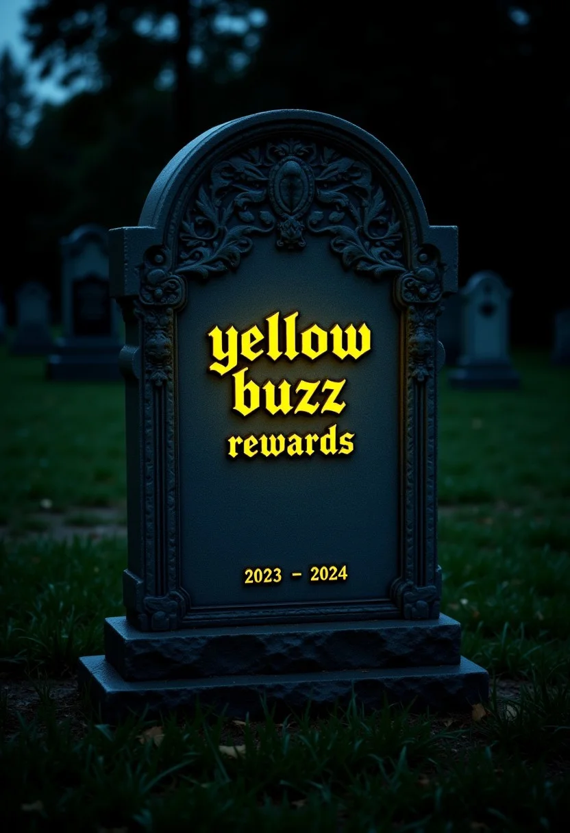 This is a photograph taken at night of a gravestone dedicated to "Yellow Buzz Rewards" in a cemetery setting, taken in a grassy environment. The gravestone is intricately carved in the appearance and features a modern design. The name "Yellow Buzz" is engraved in a bold, yellow color, Gothic-style font on the front of the stone, the word "Buzz" emits a subtle glow, and the text "2023 - 2024" is inscribed beneath it.