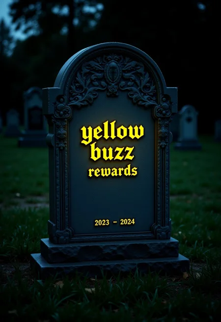 This is a photograph taken at night of a gravestone dedicated to "Yellow Buzz Rewards" in a cemetery setting, taken in a grassy environment. The gravestone is intricately carved in the appearance and features a modern design. The name "Yellow Buzz" is engraved in a bold, yellow color, Gothic-style font on the front of the stone, the word "Buzz" emits a subtle glow, and the text "2023 - 2024" is inscribed beneath it.