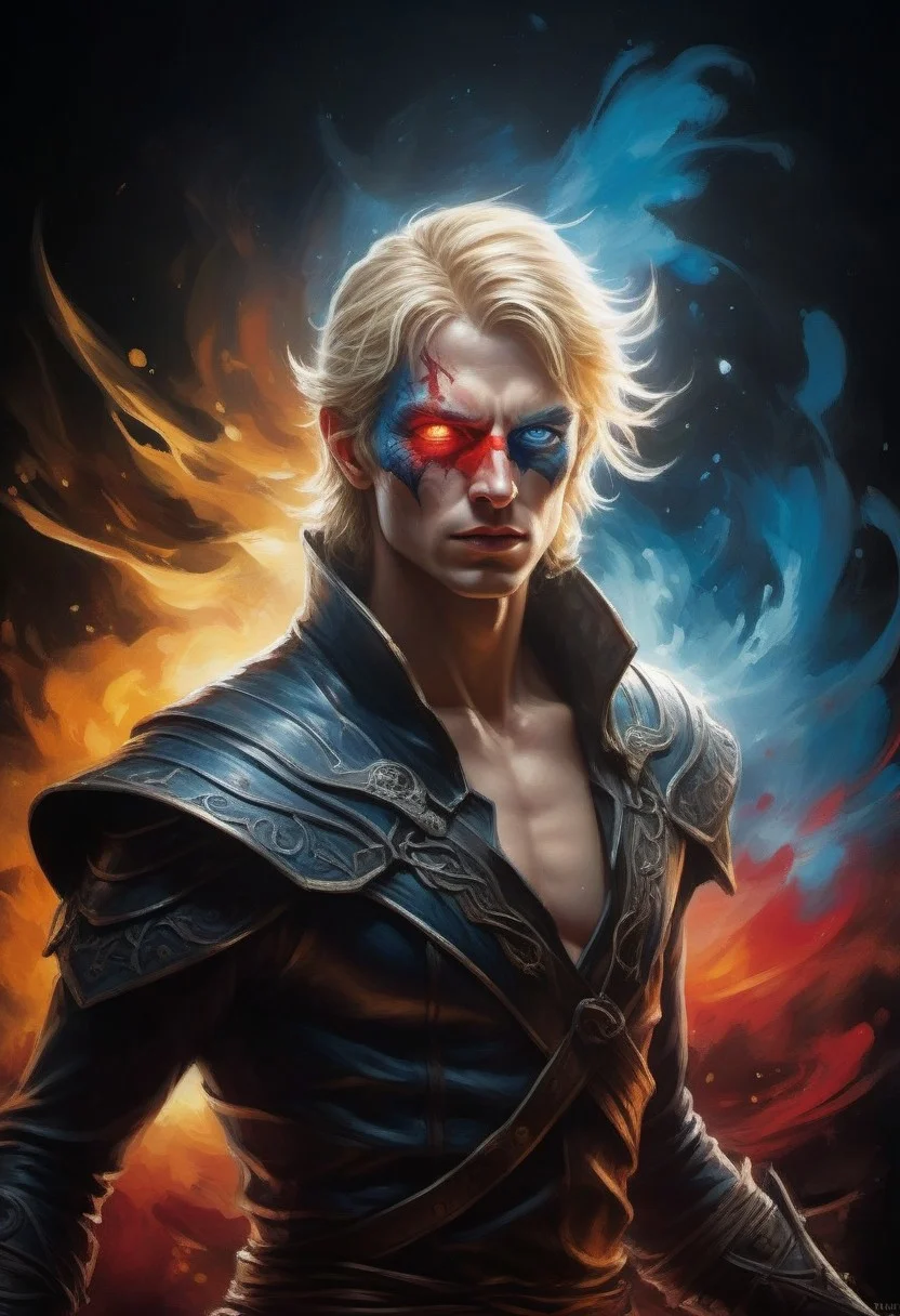 full body, a male wood elf with short blonde hair, tall and strong, eye patch, blue eye, strong jaw, assassin's creed outfit, amazing colors, vibrantly colored hyperdetailed ink art depicting legendary defiance against impossible odds. Strong top lighting effect. Volumetric lighting. Chiaroscuro oil painting by Caravaggio. Vivid white powder. Deep glow effect, cinematic light bloom, fighting scene, breathtaking, (((action scene))), cinematic lens flare. Grimdark, gritty, intense, volatile. Hypermaximalism. Motion blur. Full-frame fisheye lens. 32K cinematic hyperrealistic fantasy ultradetailed masterpiece.Strong top lighting effect. Volumetric lighting. Chiaroscuro oil painting by Caravaggio. Vivid white powder. Deep glow effect, cinematic light bloom, fighting scene, breathtaking, (((action scene))), cinematic lens flare. Grimdark, gritty, intense, volatile. Hypermaximalism. Motion blur. Full-frame fisheye lens. 32K cinematic hyperrealistic fantasy ultradetailed masterpiece.