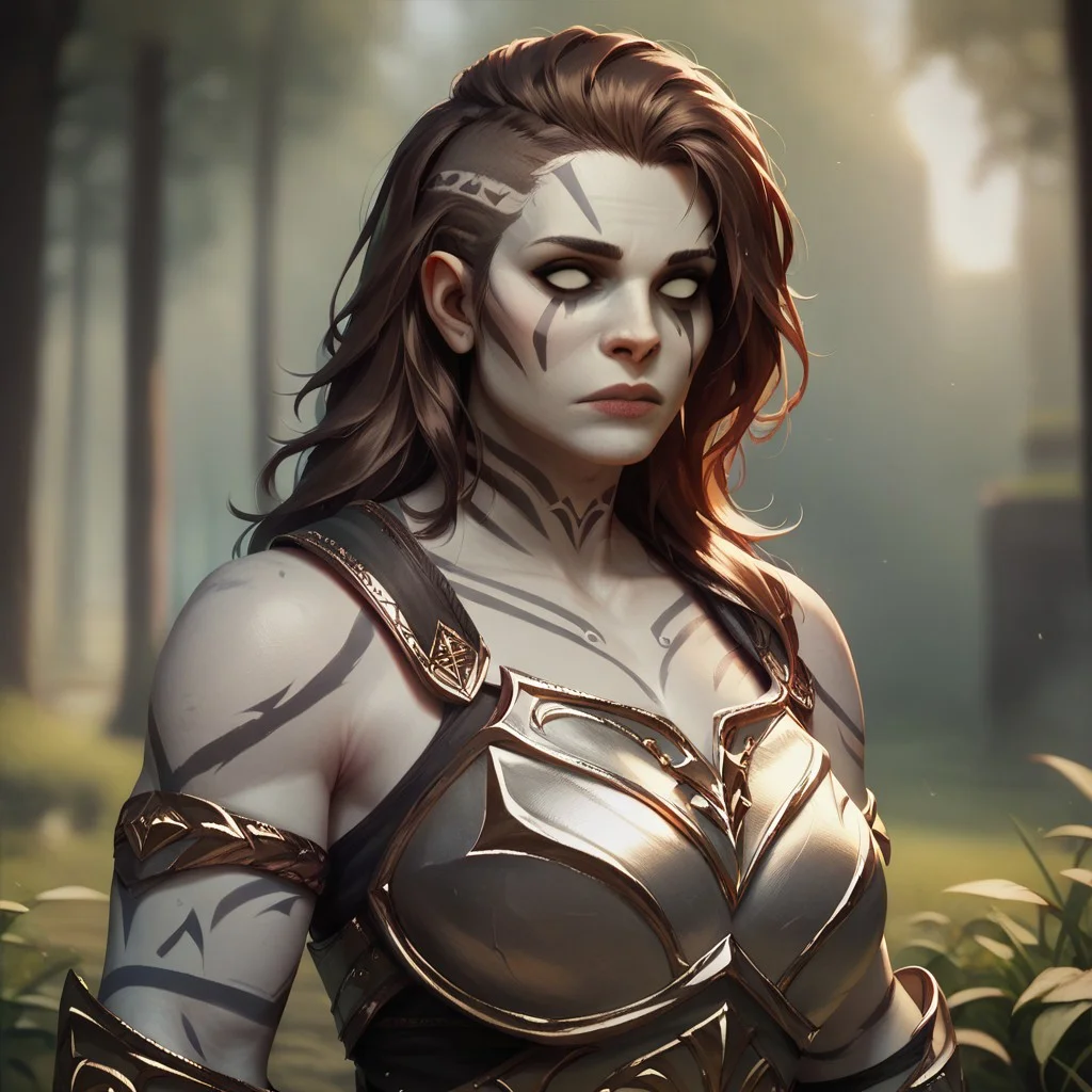 (((detailed, beautiful, high quality))), upper Body, score_9, score_8_up, score_7_up,
goliath, empty eyes, gray skin, stone skin, , body tattoo, face tattoo,
1girl, brown hair, gold tattoos, grey armor, fur,
looking at the viewer, posing, blurred background, blurred fantasy background,
