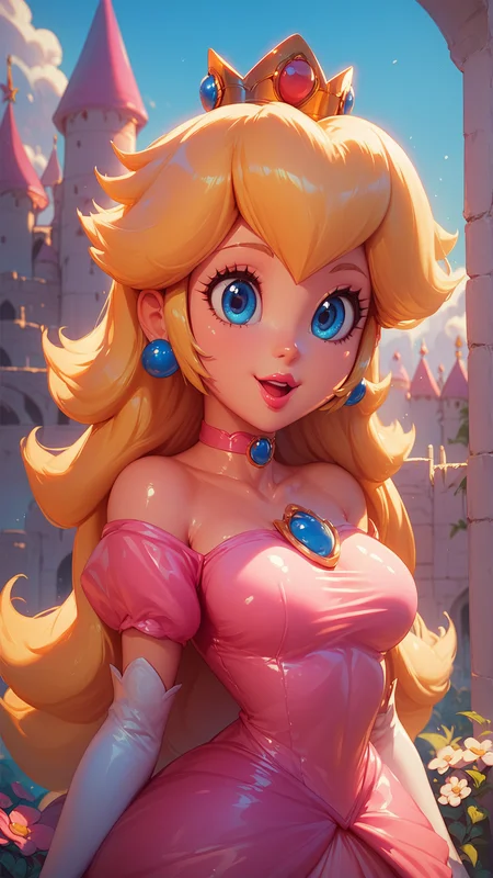 score_7_up,score_8_up,score_9,1girl,solo,jewelry,earrings,blue eyes,long hair,breasts,very long hair,big hair,choker,pink dress,medium breasts,bare shoulders,:d,outdoors,smile,open mouth,<lora:Princess_Peach_Shiny_Style_V2:0.8>,shiny,shiny skin,princess peach,castle,