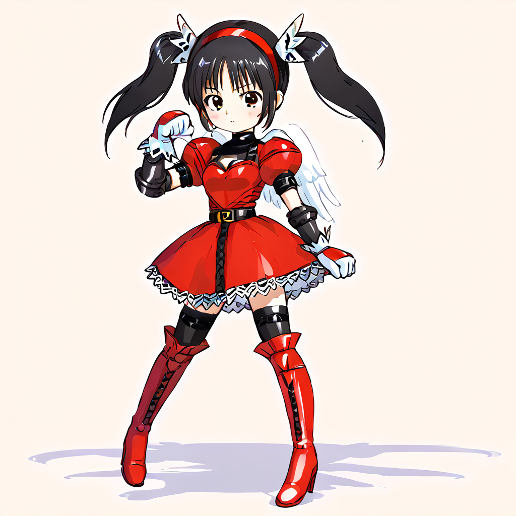 <lora:Honey:1> twintails, black hair, gloves, boots, thighhighs, hairband, red dress, wings