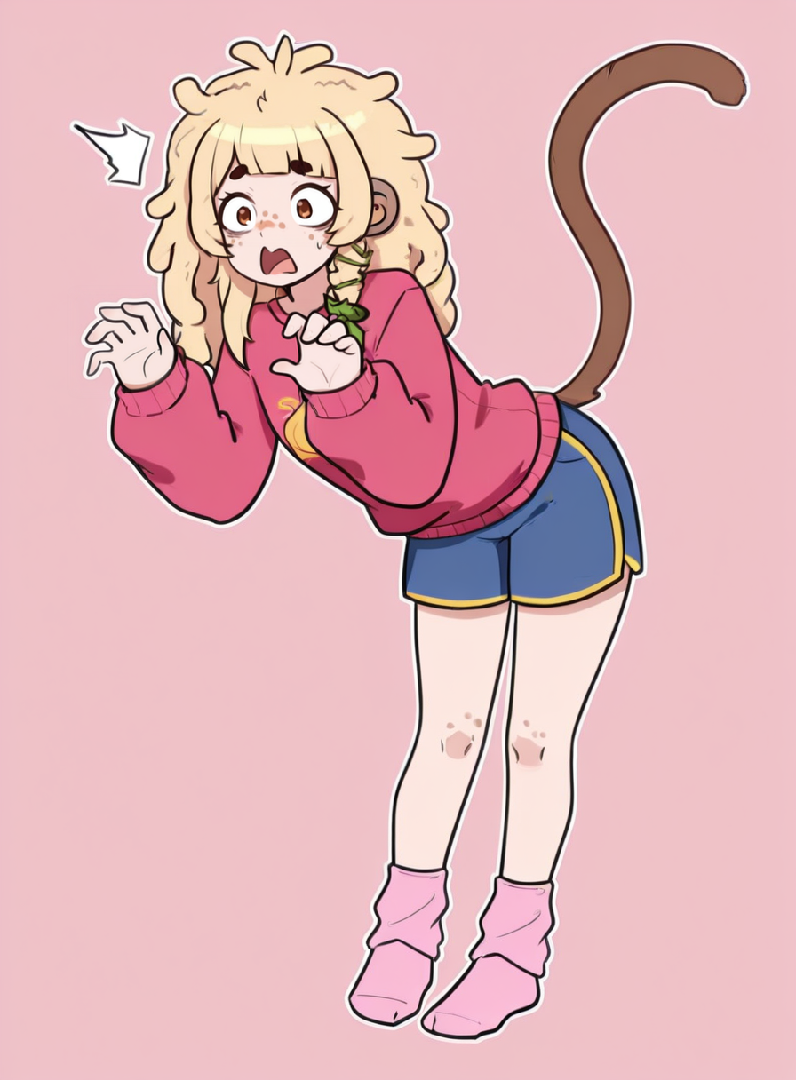 1girl, solo,  <lora:BananaJuju:0.8> bananajuju, blonde hair, brown eyes, freckles, monkey tail,
red hockey sweater, wide sleeves, blue boxing shorts, pink bobby socks, no shoes, standing, leaning slightly, eyes bulging, shocked expression, frozen pose,
 <lora:AcanthAI-IL:0.9> acanthai, extremely detailed, highres, masterpiece, best quality