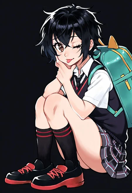 score_9_up, score_8_up, score_7_up, Score_6_up, Score_5_up, Score_4_up, source_anime, (masterpiece, perfectly detailed, detailed face, detailed eyes, beautiful eyes), (ultra HD quality details), 8K, extremely detailed, highres, Mevak_PS, peni parker, :p, aqua bag, backpack, bag, black background, black hair, black necktie, black skirt, black socks, black sweater vest, brown eyes, collared shirt, dress shirt, eyelashes, hair between eyes, halftone texture, hand on own chin, kneehighs, knees up, looking at viewer, messy hair, necktie, on ground, one eye closed, plaid, plaid skirt, school uniform, shirt, short hair, short sleeves, simple background, sitting, skirt, socks, solo, sweater vest, tongue, tongue out, white shirt.