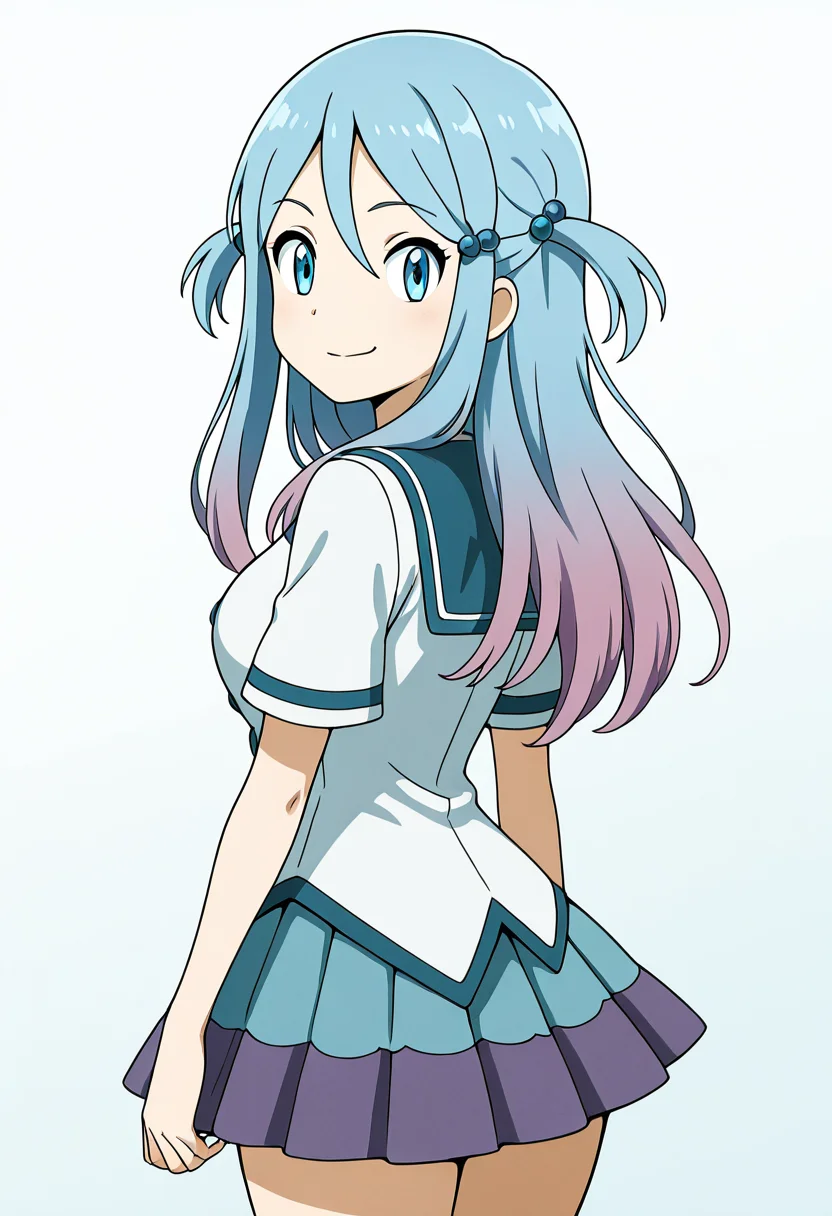 masterpiece, best quality, solo, curvy, beautiful eyes, large breasts, aged up, narrow waist, wide hips, 1girl, solo, smile, looking at viewer,   zzLazuli, blue eyes, hair between eyes, blue hair, gradient hair, hair bobbles, hair ornament, long hair, multicolored hair, two side up,  school uniform, serafuku, sailor collar, blue skirt, pleated skirt, short sleeves,   ,<lora:LazuliByKurumiErika_IXL:1.0>,  over the shoulder, cowboy shot, smirk, looking back,  looking at viewer,