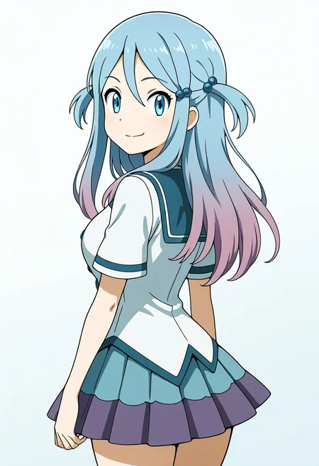 masterpiece, best quality, solo, curvy, beautiful eyes, large breasts, aged up, narrow waist, wide hips, 1girl, solo, smile, looking at viewer, zzLazuli, blue eyes, hair between eyes, blue hair, gradient hair, hair bobbles, hair ornament, long hair, multicolored hair, two side up, school uniform, serafuku, sailor collar, blue skirt, pleated skirt, short sleeves, ,<lora:LazuliByKurumiErika_IXL:1.0>, over the shoulder, cowboy shot, smirk, looking back, looking at viewer,