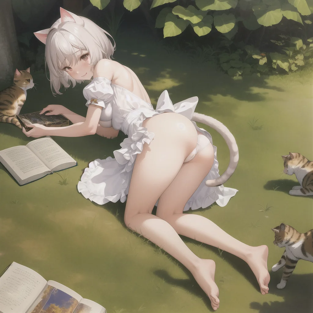 (best quality),(highly detailed),(masterpiece),(ultra-detailed),(absurdres),(((artbook))),((8k_wallpaper)),big ass,Bare thigh,huge_breasts,barefoot, 1girl, solo, animal ears, cat, barefoot,cat ears, short sleeves, grass, short hair, smile, white hair, puffy sleeves, white dress, maid, sunlight, brown eyes, dappled sunlight,petite, outdoors, puffy short sleeves, bangs, full body, tearfully, crying, cats, white big butt, white underwear