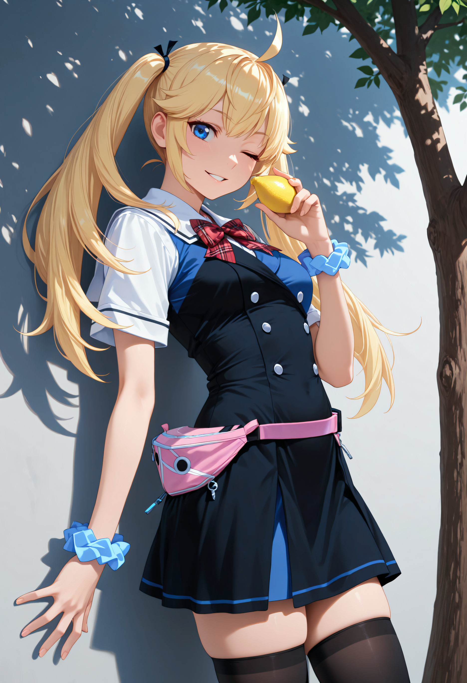 <lora:Char_MatsushimaMichiru:1>, blonde hair, twintails, hair tie, hair flaps, ahoge, blue eyes, long hair,
M1cSch, asymmetrical dress, blue dress, black dress, two-tone dress, double-breasted, buttons, short sleeves, red bowtie, plaid bowtie, white sailor collar, white sleeves, zettai ryouiki, black thighhighs, pink fanny pack, blue wrist scrunchie, 
tree shade, holding lemon, leaning back, looking at viewer, one eye closed, parted lips, smile, from side, very awa, masterpiece, best quality, highres, absurdres