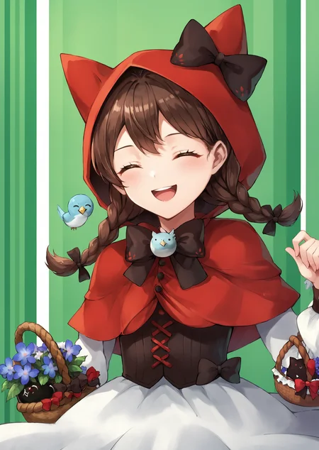 core_9, score_8_up, score_7_up, score_6_up, score_5_up, score_4_up,  <lora:Codename_Red_Riding_Mina_-_The_Battle_Cats:1> cnrrmina, 1girl, solo, smile, open mouth, brown hair, long sleeves, dress, bow, closed eyes, braid, flower, hood, twin braids, black bow, capelet, bird, corset, green background, basket, striped background, red capelet, holding basket, red hood, little red riding hood (grimm) (cosplay), little red riding hood (grimm), BREAK source_anime