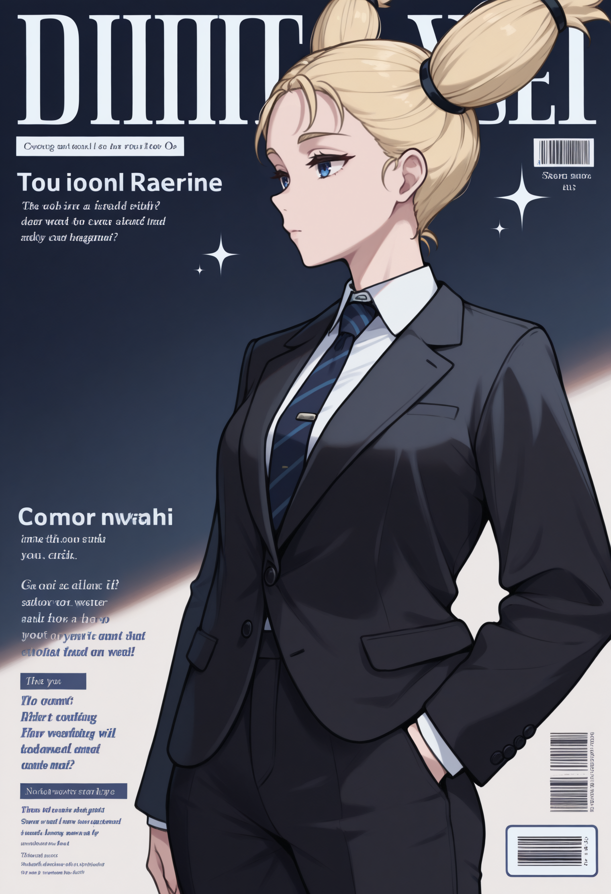 masterpiece, best quality, newest, magazine cover, sparkle, english text, barcode, solo, 1girl, nishi1miya, expressionless, looking away, standing, hand in pocket, long hair, blonde hair, twintails, blue eyes, black jacket, suit jacket, long sleeves, white shirt, collared shirt, diagonal-striped necktie, blue necktie, black pants
<segment:yolo-Anzhc Face seg 640 v2 y8n.pt,0.4,0.5//cid=1>