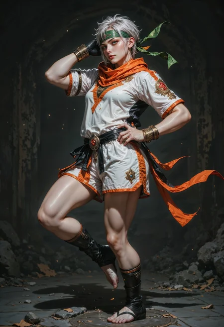 Highly detailed and dramatic digital artwork featuring a female character in a dynamic martial arts pose. The character is depicted with light skin and short, white hair, styled with a green and orange headband. The character's facial expression is intense, with a focus on the eyes and a determined look. They are wearing a white sports outfit with orange and black accents, including a short-sleeved top and shorts. The outfit is adorned with geometric patterns and a logo on the sleeve. The character is executing a high kick, with one leg extended towards the viewer, creating a sense of motion and energy. The background is a dark, textured gradient, enhancing the focus on the character. The overall style is vibrant and dynamic, capturing the essence of action and movement.