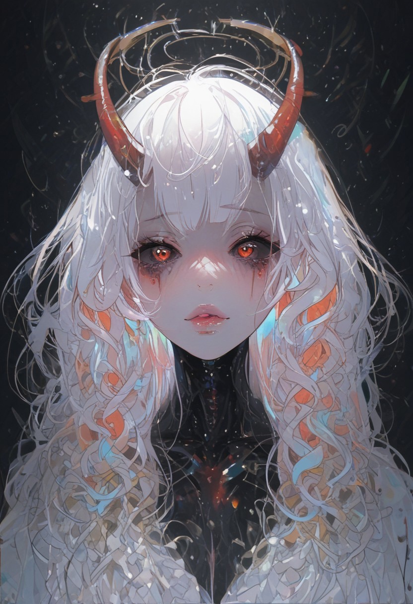 score_9, score_8_up, score_7_up, score_6_up, score_5_up, source_anime, Expressiveh, th3rm4l, colorful, thermal, s33thru, transparent, painterly, dynamic, cowboy shot, speedlines, movement, 1girl, demon, oni, blue and red wavy patterned skin, horns, halo, white make-up, eye shadows, eye lashes, black sclera, blusher, parted lips, thick lips, glossy lips. thick lips, bright pink lips, maid suit, full body, see-through body, transparent body, skeleton, translucent, mature, milf, gorgeous, voluptuous, alluring, teasing, glossy skin, wide hips, large breasts, close-up, face focus, cute face, portrait, <lora:pony/expressiveh:0.7>, <lora:add-detail-xl:2>, <lora:agm-artist-richy-v1_pdxl:1>, <lora:see_through_not_sticky:0.85>