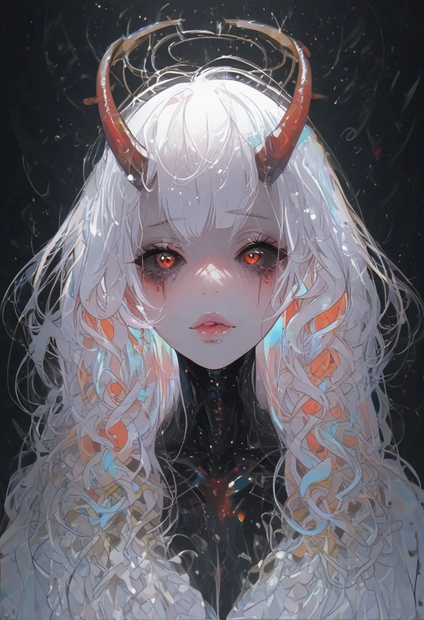score_9, score_8_up, score_7_up, score_6_up, score_5_up, source_anime, Expressiveh, th3rm4l, colorful, thermal, s33thru, transparent, painterly, dynamic, cowboy shot, speedlines, movement, 1girl, demon, oni, blue and red wavy patterned skin, horns, halo, white make-up, eye shadows, eye lashes, black sclera, blusher, parted lips, thick lips, glossy lips. thick lips, bright pink lips, maid suit, full body, see-through body, transparent body, skeleton, translucent, mature, milf, gorgeous, voluptuous, alluring, teasing, glossy skin, wide hips, large breasts, close-up, face focus, cute face, portrait, <lora:pony/expressiveh:0.7>, <lora:add-detail-xl:2>, <lora:agm-artist-richy-v1_pdxl:1>, <lora:see_through_not_sticky:0.85>