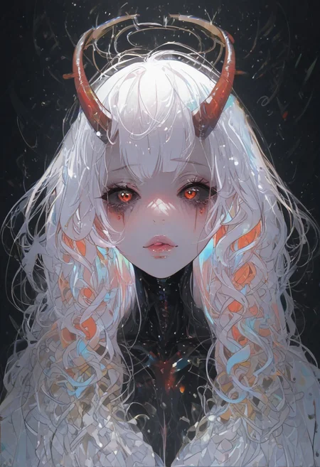 score_9, score_8_up, score_7_up, score_6_up, score_5_up, source_anime, Expressiveh, th3rm4l, colorful, thermal, s33thru, transparent, painterly, dynamic, cowboy shot, speedlines, movement, 1girl, demon, oni, blue and red wavy patterned skin, horns, halo, white make-up, eye shadows, eye lashes, black sclera, blusher, parted lips, thick lips, glossy lips. thick lips, bright pink lips, maid suit, full body, see-through body, transparent body, skeleton, translucent, mature, milf, gorgeous, voluptuous, alluring, teasing, glossy skin, wide hips, large breasts, close-up, face focus, cute face, portrait, <lora:pony/expressiveh:0.7>, <lora:add-detail-xl:2>, <lora:agm-artist-richy-v1_pdxl:1>, <lora:see_through_not_sticky:0.85>