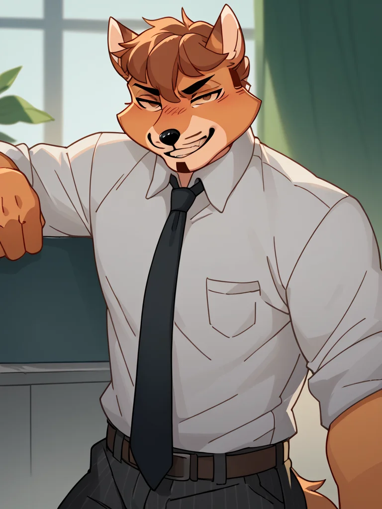 score_9, score_8_up, score_7_up, high quality, hires, male, solo, anthro, furry, smug, seductive, shirt, necktie, looking at viewer, <lora:RoyРой:1>
