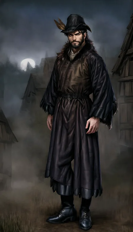 medieval, dark fantasy, spooky, dusk, (medieval village background:1.2),
straight-on, full body, male, strong, confident and relaxed pose, arrogant stare, (black eye color:0.7), brown eye color, black hair, short big nose, stubbed beard, rounded jaw, looking at viewer, arrogant, black hair, feathered hat, hat feather, (wearing medieval fur coat:1.5), medieval boots,
HD, very detailed,
<lora:more_details:1.0>,  <lora:Medieval_Headwear:1.0> mehe,  <lora:Darkness:0.6> darkness,  <lora:Bloodborne:0.3>