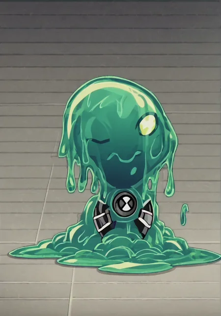 score_9, score_8_up, score_7_up, screencap,   <lora:ben10-06:1> ben10, solo, no humans, full body, bodysuit, badge,detailed background, slime monster, black slime, green stripes, techno lines, circuit pattern