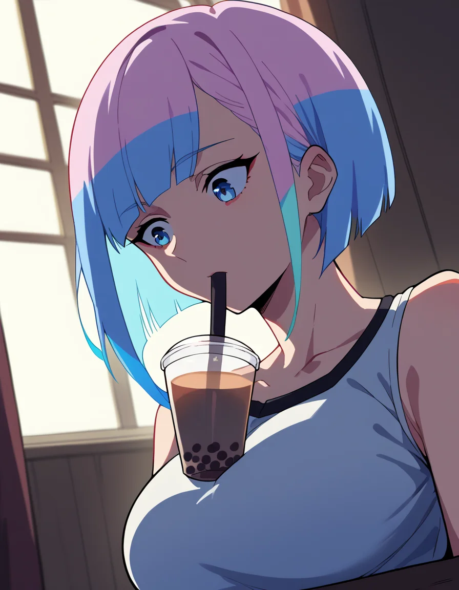 score_9, score_8_up, score_7_up, source_anime, <lora:cyberpunk-lucy-s1-ponyxl-lora-nochekaiser:1>, lucy, short hair, bangs, blue eyes, blue hair, multicolored hair, makeup, multicolored eyes, large breasts,, <lora:bubble-tea-challenge-ponyxl-lora-nochekaiser:1>, bubble tea challenge, bubble tea, object on breast, drinking straw, drinking straw in mouth, drinking, cup,, indoors, sitting, looking down, , cowboy shot, dutch angle