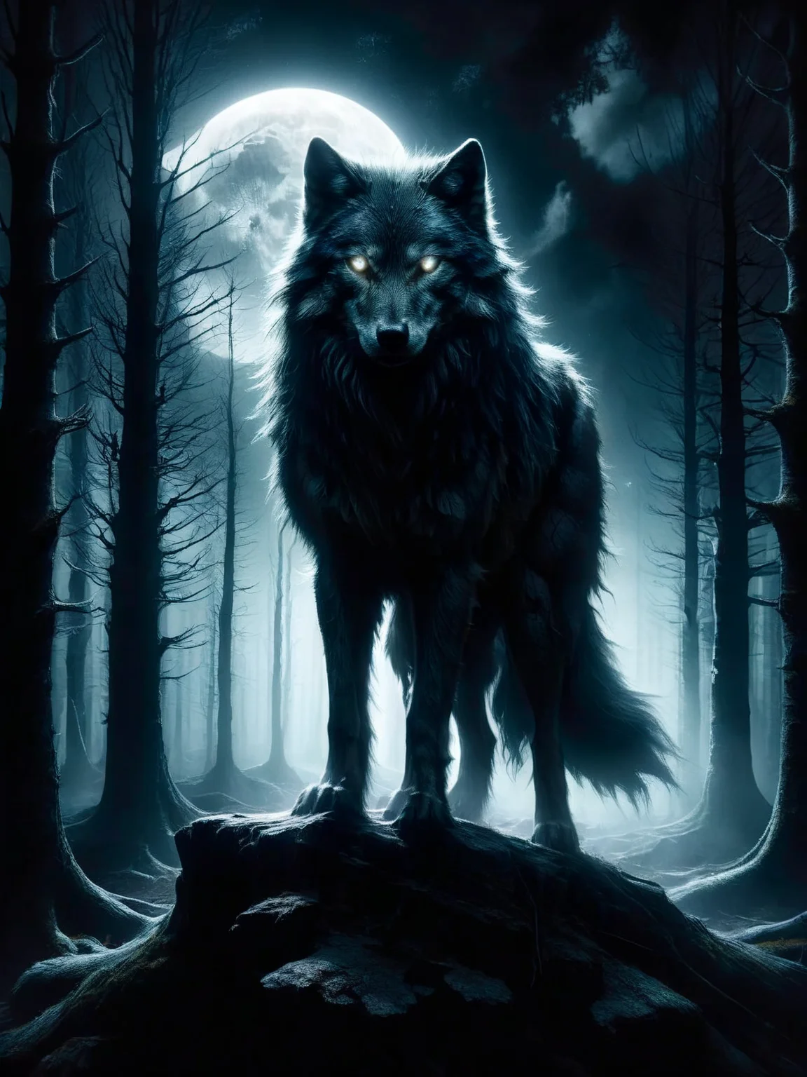 A spectral ais-crsd wolf, its fur as dark as the night, standing at the edge of a forest, moonlight casting eerie shadows through the trees. <lora:ais-crsd-sdxl:1>