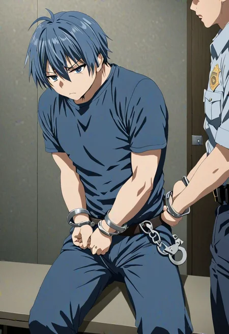 high resolution, solo, best quality, 1Boy, Tomoya Okazaki, Grey Blue Hair, arrested, restrained, struggling, handcuffs, interrogated, interrogation room, OverallDetail