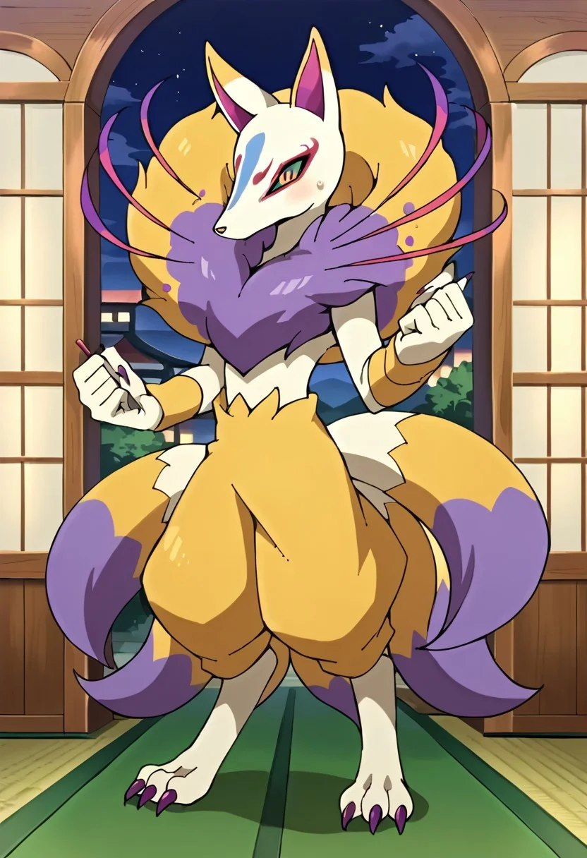 BREAK score_9_up score_8_up score_7_up, source_anime, (frontal), anime style, glitter, high quality, Kyubi_Yo-kai, golden fur, white legs and torso, purple fur on the chest, nine tails, multiple tails, purple tail tips, long purple nails, full body, sanctuary, interior,