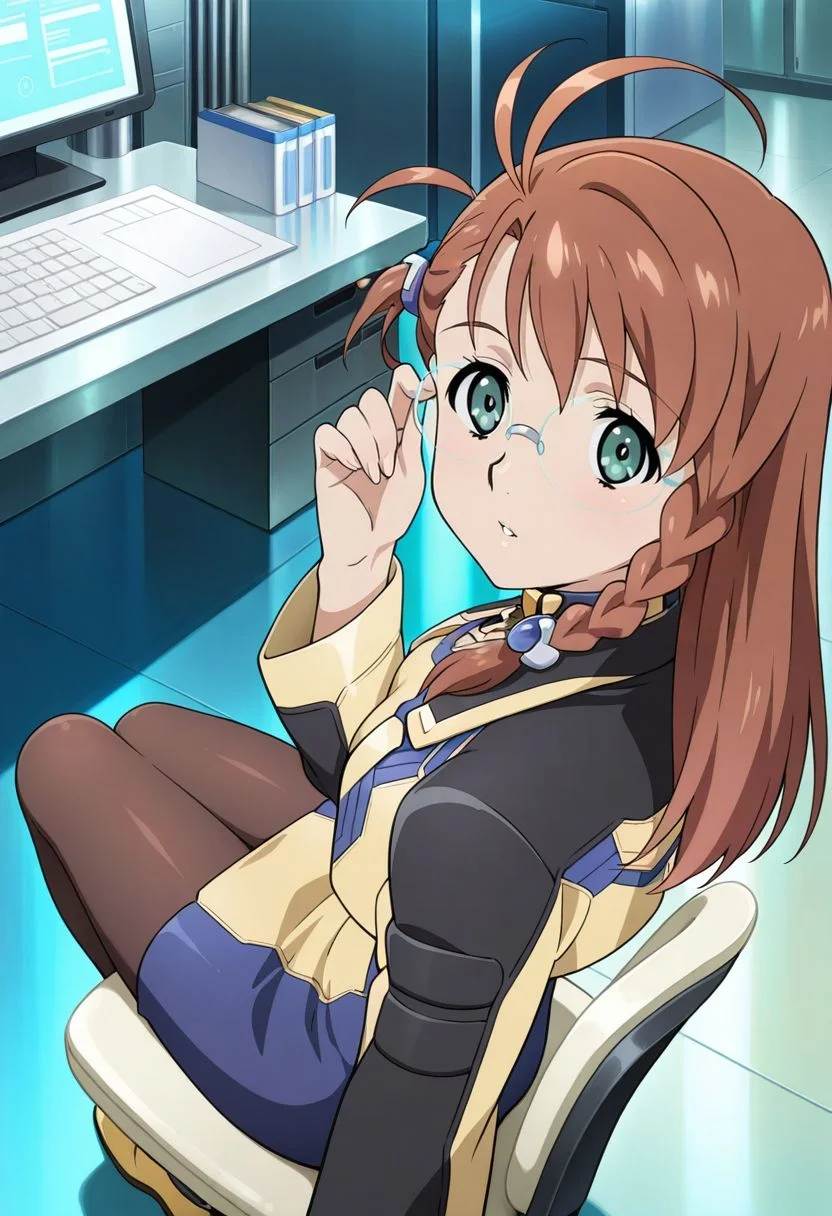 detailed eyes, beautiful, detailed background, perfect eyes,
source_anime, very aesthetic, anime coloring, masterpiece, official art,
<lora:HandFineTuning_XL:1>
BREAK,
factory, sci-fi, holograms, sitting, looking back, looking at viewer,
cowboy shot, parted lips, adjusting glasses,
workspace, office, blurry background, chair, from above,
BREAK,
<lora:shion_illustrious_v03:0.95>
shion uzuki, brown hair, single braid, ahoge, long hair, glasses, round eyewear, pantyhose, yellow footwear, cropped jacket, parted bangs, dress, green eyes, yellow dress,