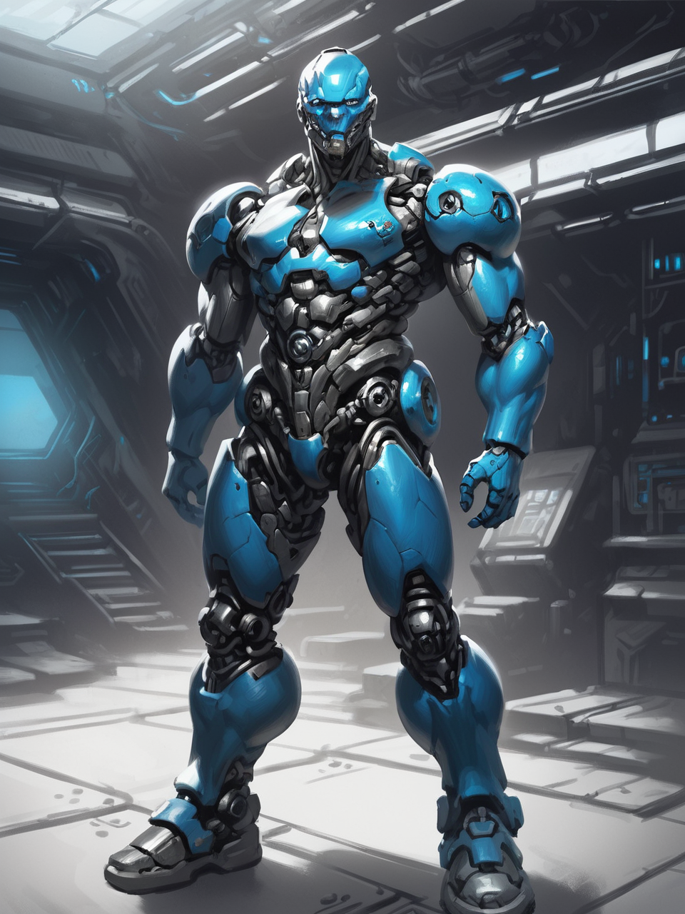 bpe-bluetone (cyborg robot:1.3) bpe-scifi
(visiting post station) stable, standing,  indoors, horizon, abstract punk haircut on head, rugged, stoic, looking at viewer,   grit,
pny-safe