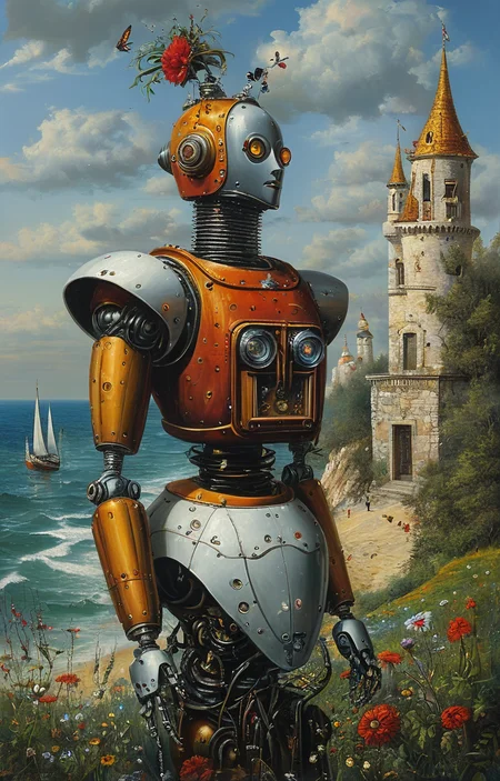 masterpiece,best quality,<lora:tbh129-sdxl:0.7>,robot,illustration,oil painting,style of Michael Cheval,