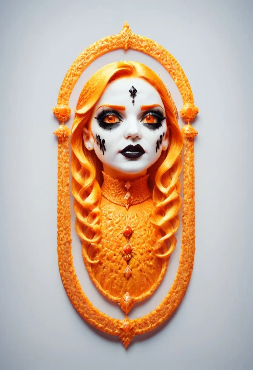 score_9, fantastical appearance of a female, gothic, heavy dark makeup with whimsical elements, magical fairytale landscape, fantasy style art, deep orange, black, white theme, intricate details, ultra sharp, exquisite detail, flawless composition, vivid colors, masterpiece, exciting background, orange peel style