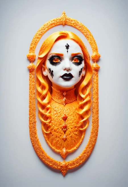 score_9, fantastical appearance of a female, gothic, heavy dark makeup with whimsical elements, magical fairytale landscape, fantasy style art, deep orange, black, white theme, intricate details, ultra sharp, exquisite detail, flawless composition, vivid colors, masterpiece, exciting background, orange peel style