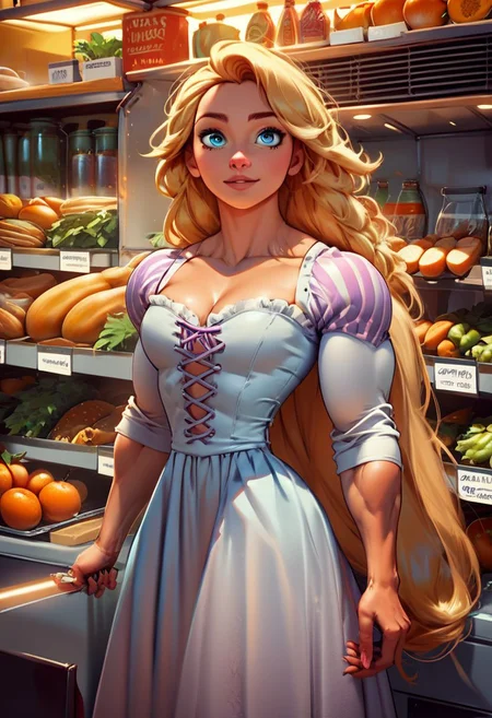 score_9, score_8_up, score_7_up, source_illustration; 1 girl, Rapunzel, muscular, jacked, bodybuilder; long hair, blonde, blue eyes; bowsette dress; at the grocery store; grocery store fruits and vegetables in the background; detailed eyes, intricate details, colorful; rating_safe